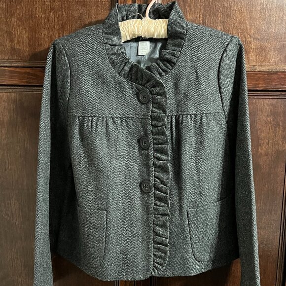 J CREW CROPPED RUFFLED BLAZER GRAY HERRINGBONE SIZE 8 - Picture 2 of 10